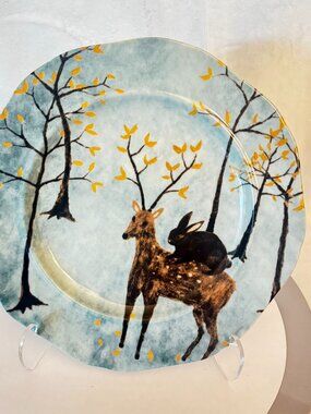 Anthropologie Rebecca Rebouche Escape Artists 8" Salad Desert Plate Deer Rabbit
